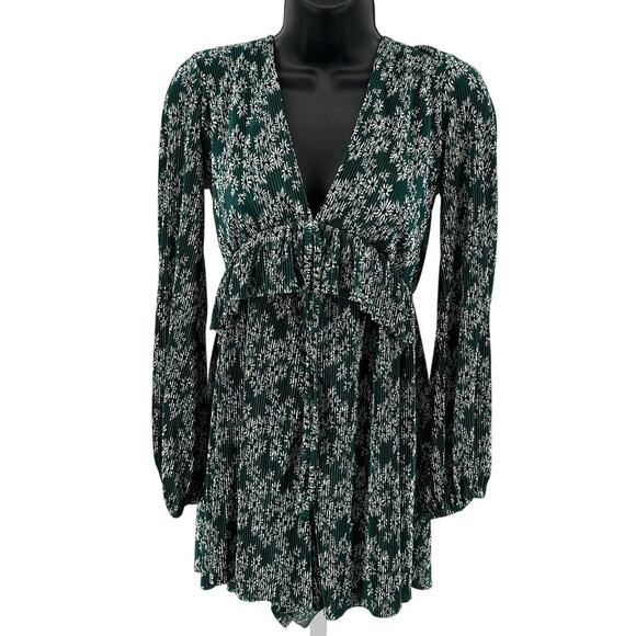 Topshop Romper WMNS 2 Floral Green Deep V-Neck Pleated Wide Leg Satin One Piece - Picture 1 of 8